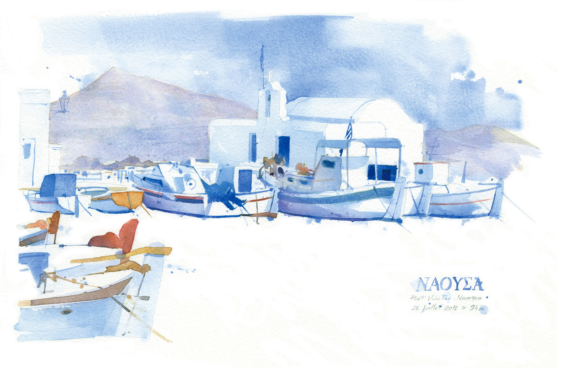 watercolor, Landscapes, Cyclades, Naoussa, Paros